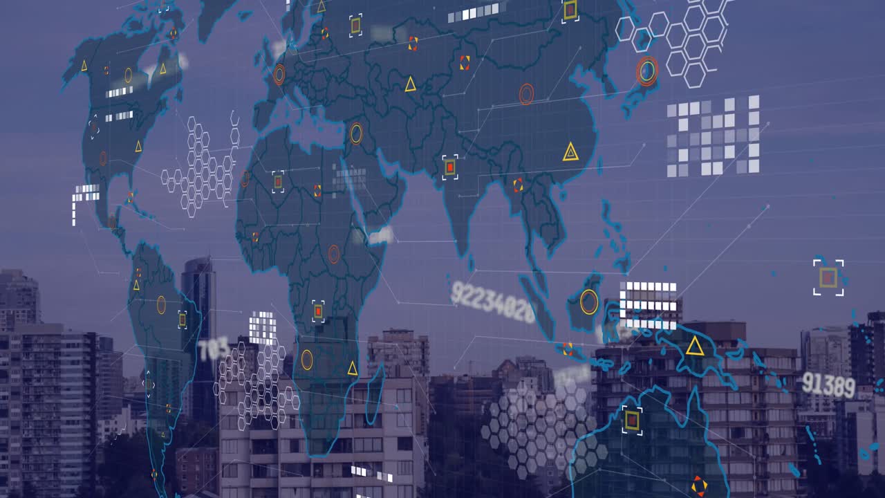 도시 풍경 위에 숫자, 아이콘 및 세계 지도의 애니메이션