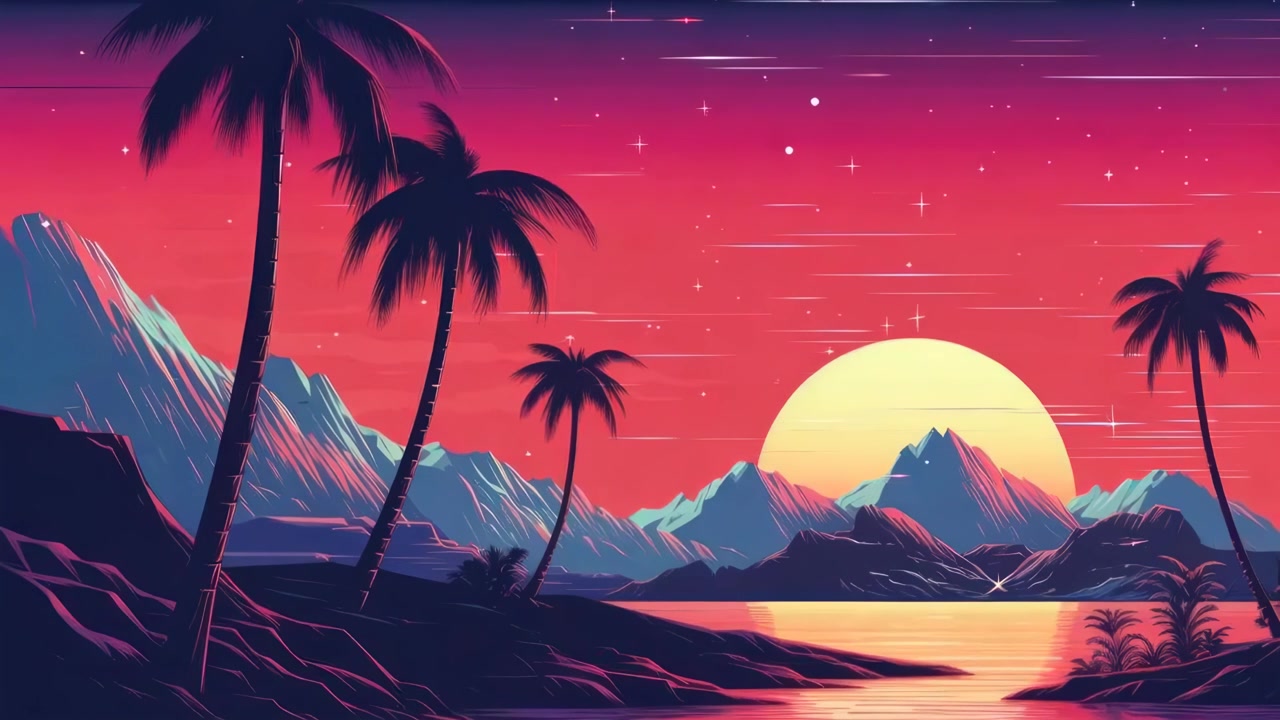 Tramonto synthwave vibrante su montagne tropicali e oceano