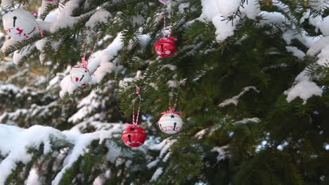 Toma-Panorámica-De-Un-Abeto-Cubierto-De-Nieve-Para-Revelar-La-Decoración-Navideña