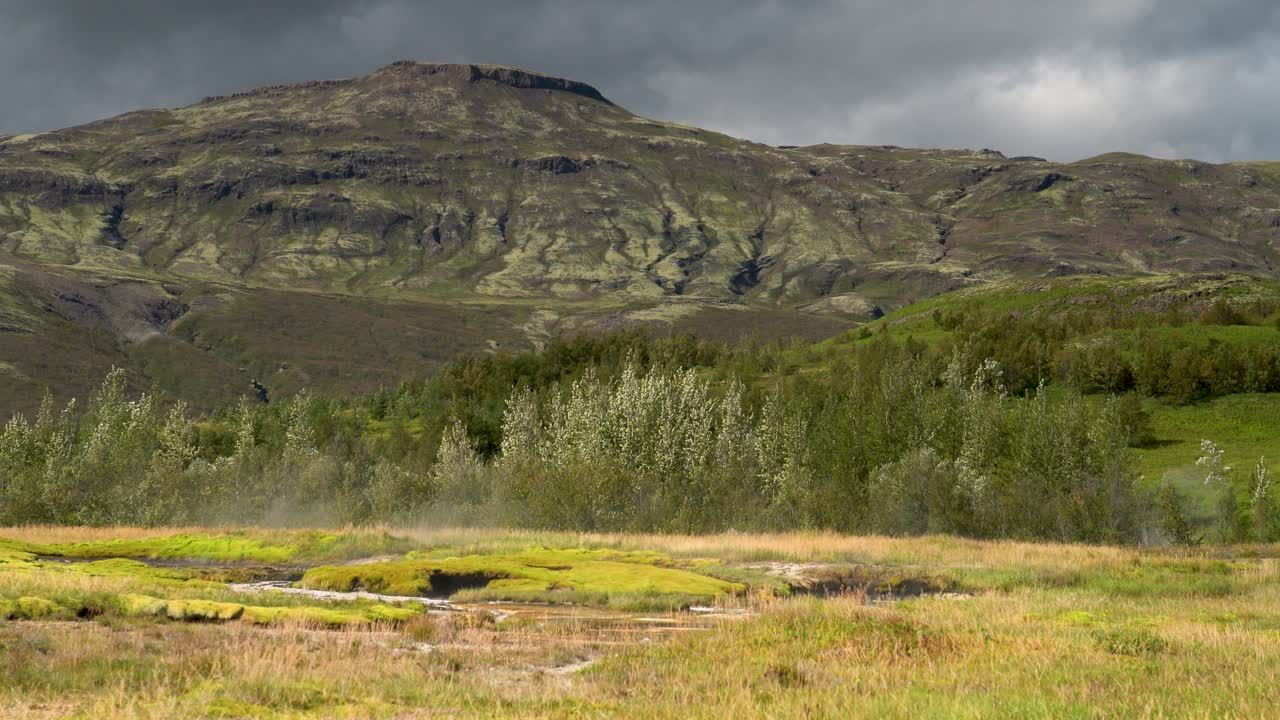 Geysir Geothermal Area, Famous Tourist Destination In The Haukadalur Valley In Iceland. Panning Shot