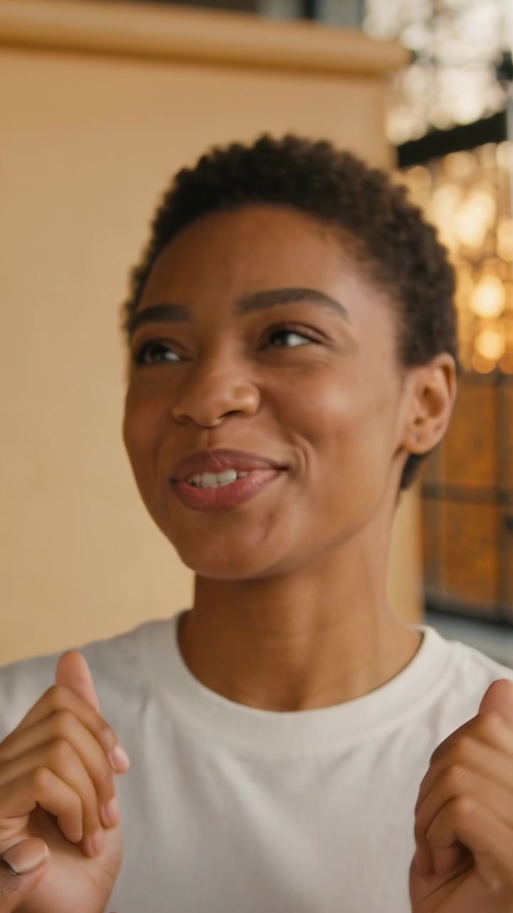 Vertical video: Smiling woman in white t-shirt reacting to man's hand in studio with beige backdrop