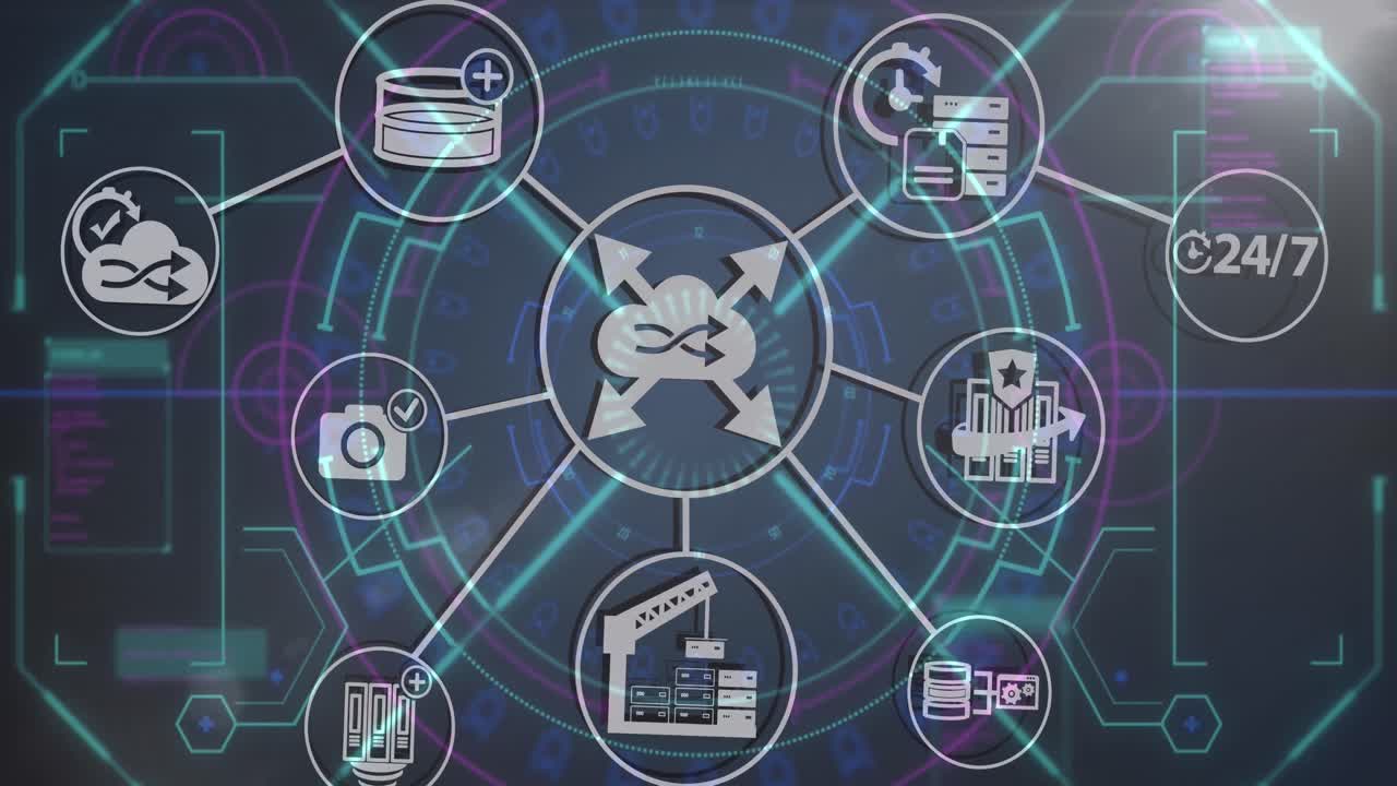 animación digital de una red de iconos digitales contra un escáner redondo sobre un fondo azul