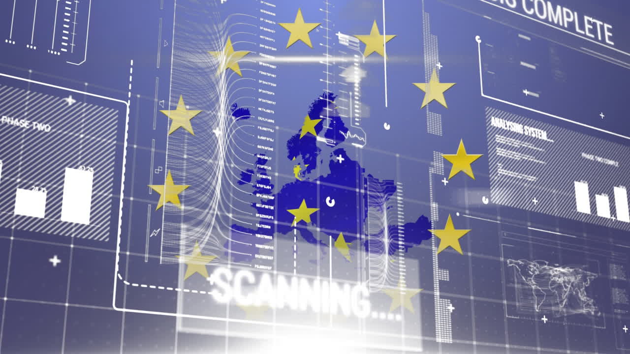 노란색 별이 회전하는 eu 지도 데이터 처리에 대항하여