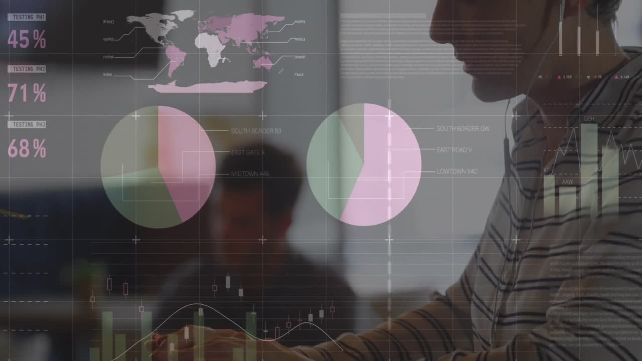 animación del procesamiento de datos estadísticos contra la mujer caucásica que usa computadora portátil en la oficina