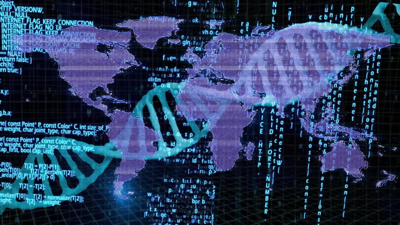 cadenas de adn y animación de codificación binaria sobre el mapa del mundo