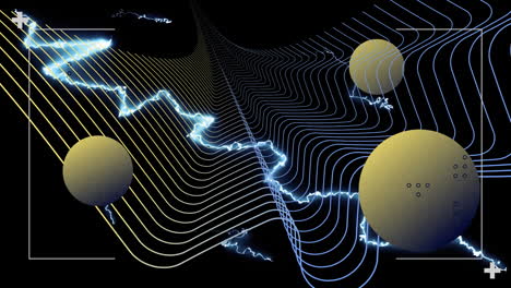 animation of interface processing data, glowing current over parallel curves and spheres, on black