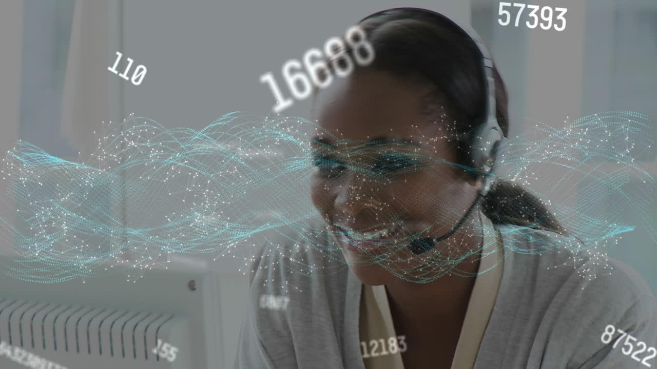 Animation of network of connections over businesswoman with headset in office