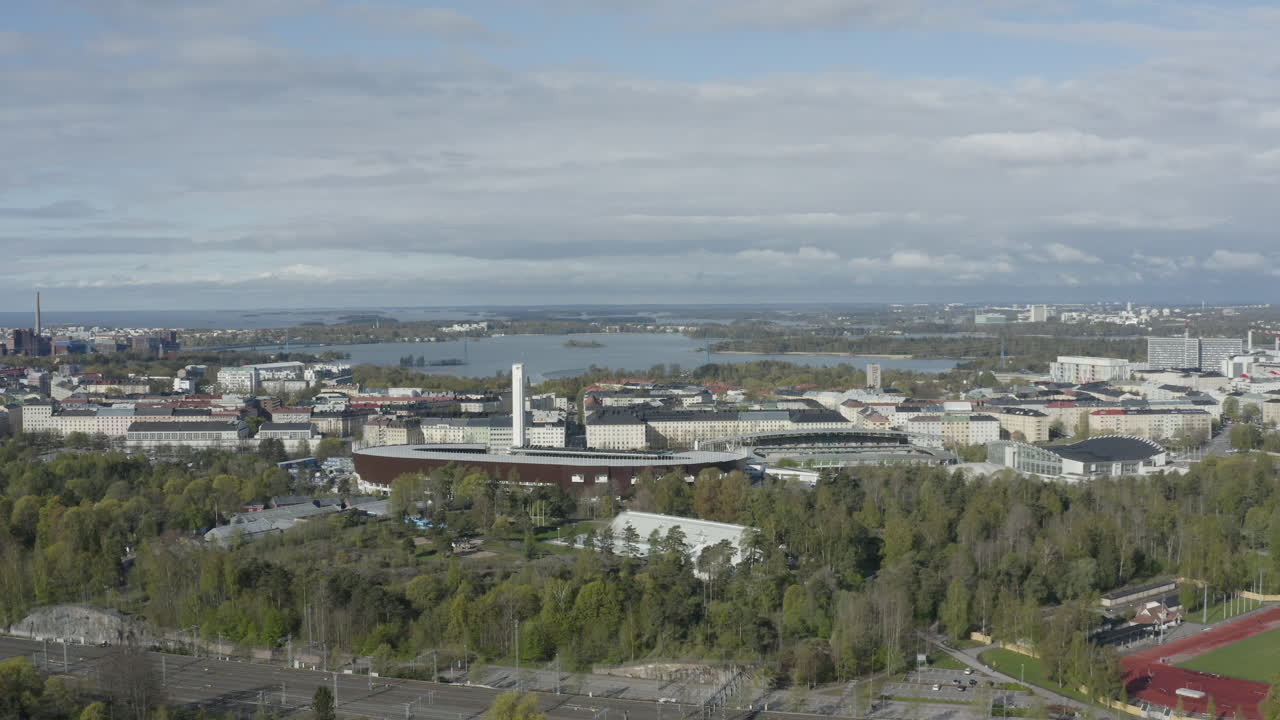 Aerial drone shot of Helsinki Olympic Stadium.
