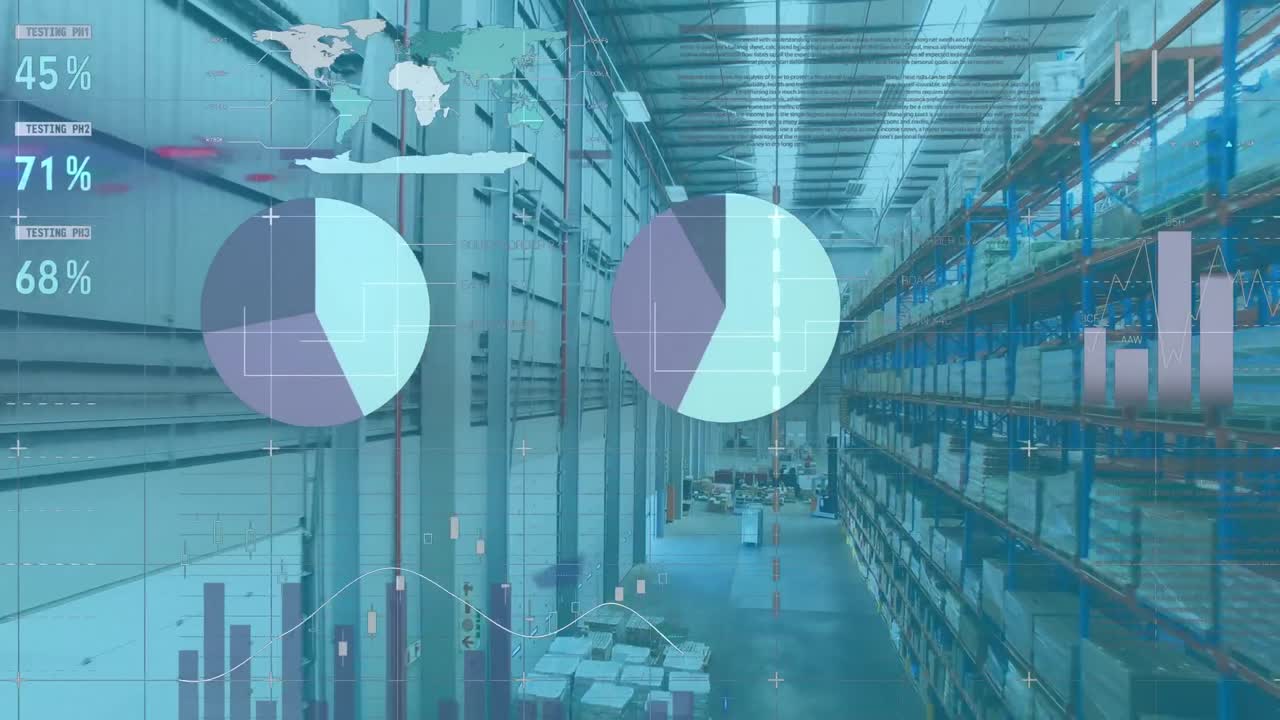 배경에 있는 창고의 공중 시야에 대한 인포그래픽 인터페이스의 애니메이션