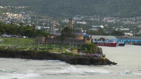 Ship-exiting-Taino-Bay,-view-of-Fort-San-Felipe-as-exiting-Taino-Bay,-Puerto-Plata,-Dominican-Republic