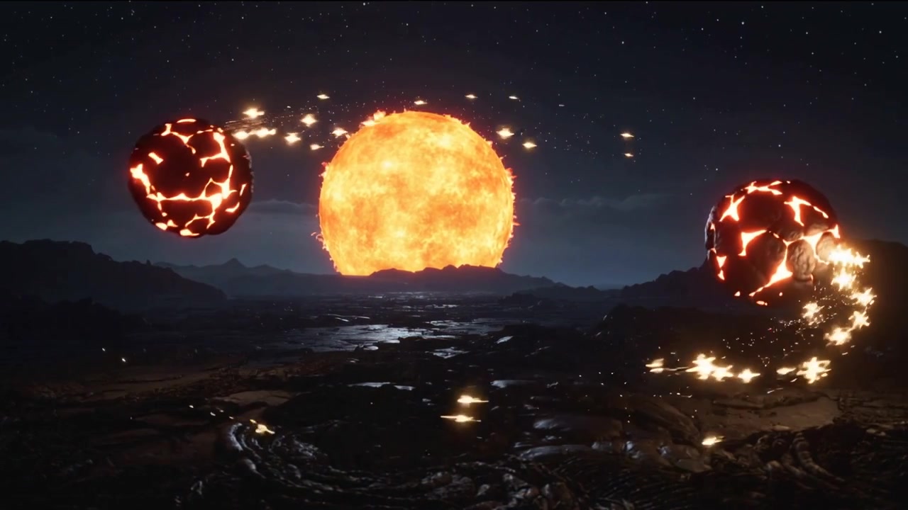 Central sun-like orb pulling two molten cracked spheres across volcanic plain, tracing ember arcs