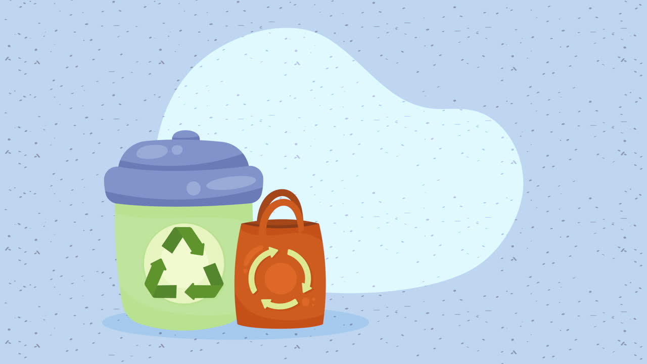 animación de flechas de reciclaje en contenedores y bolsas de basura