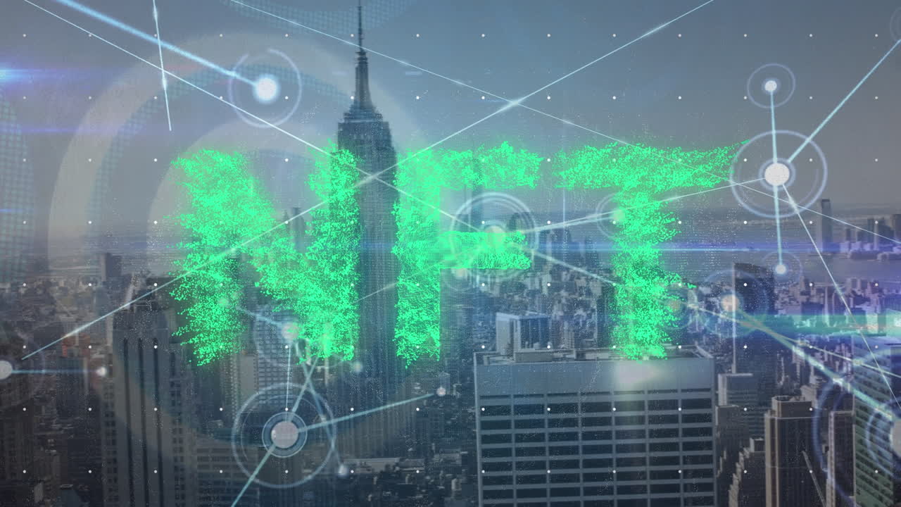 nft 텍스트와 연결 네트워크를 도시 풍경의 공중 전망과 비교합니다.