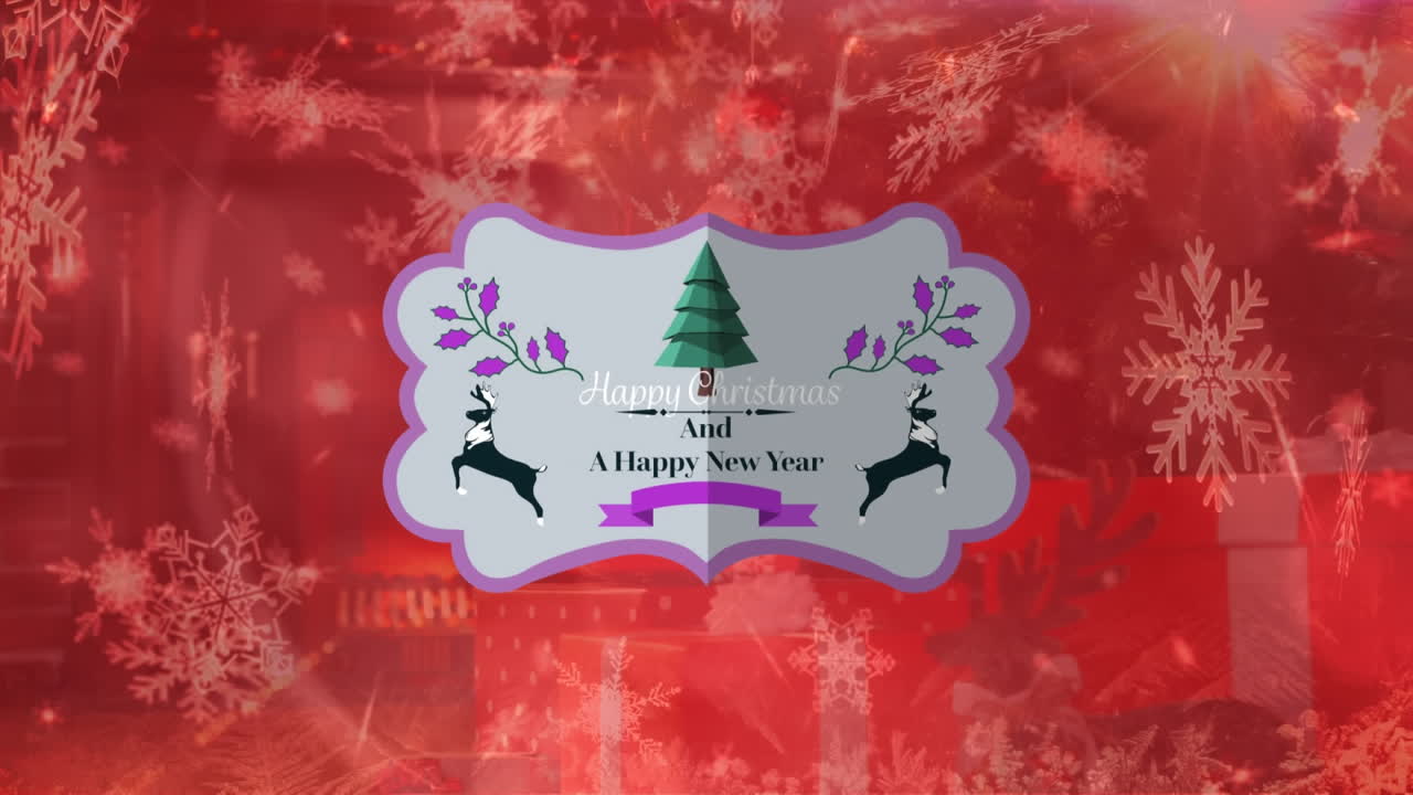 animación de copos de nieve sobre una etiqueta con feliz navidad en fondo rojo