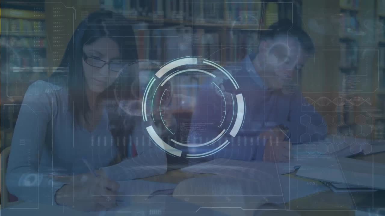 animación del procesamiento de datos sobre maestros caucásicos en la biblioteca