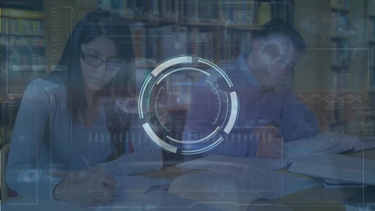 Animation of data processing over caucasian teachers in library