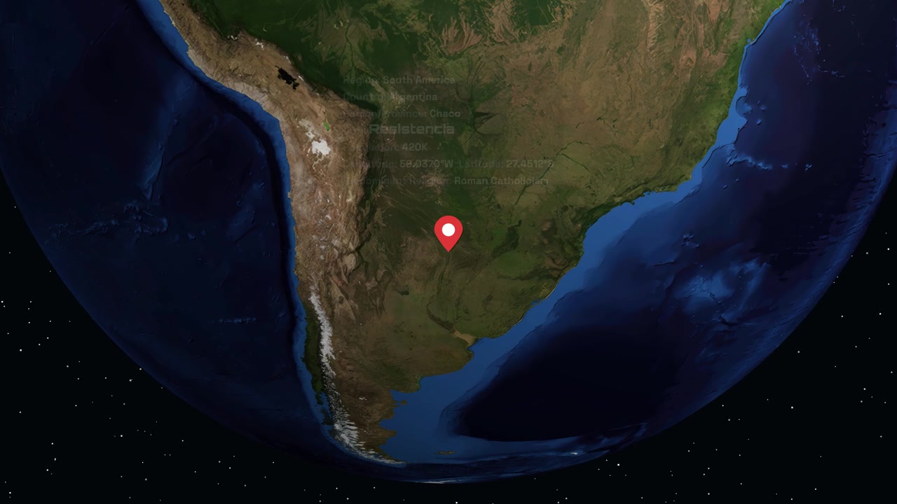 Digital globe rotates and zooms into South America, highlighting Resistencia, Argentina with informational text
