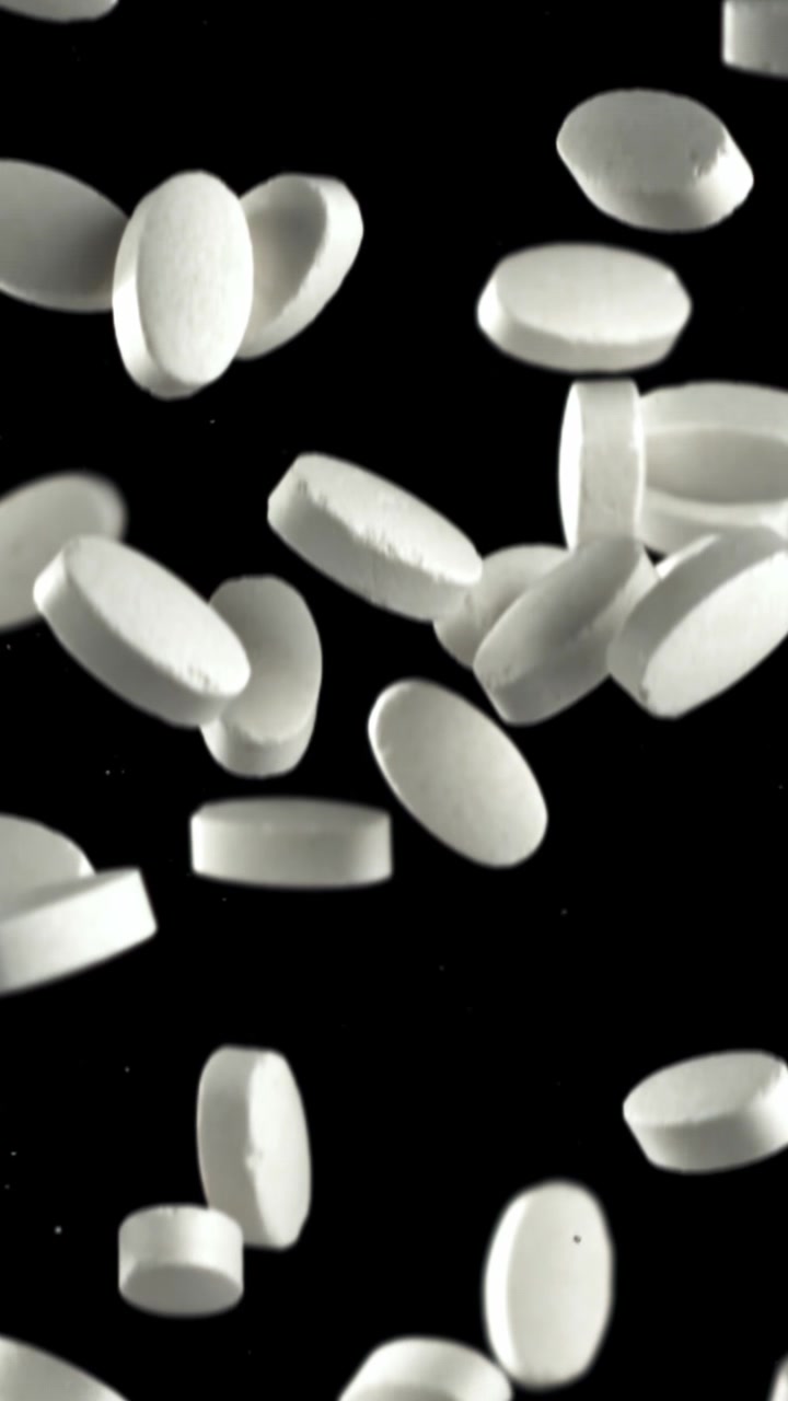 Pílulas médicas brancas caindo em câmera lenta sobre fundo preto.