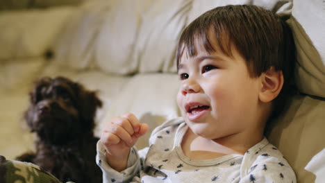 portrait of a cute chinese baby, watching tv with a puppy, the baby is smiling