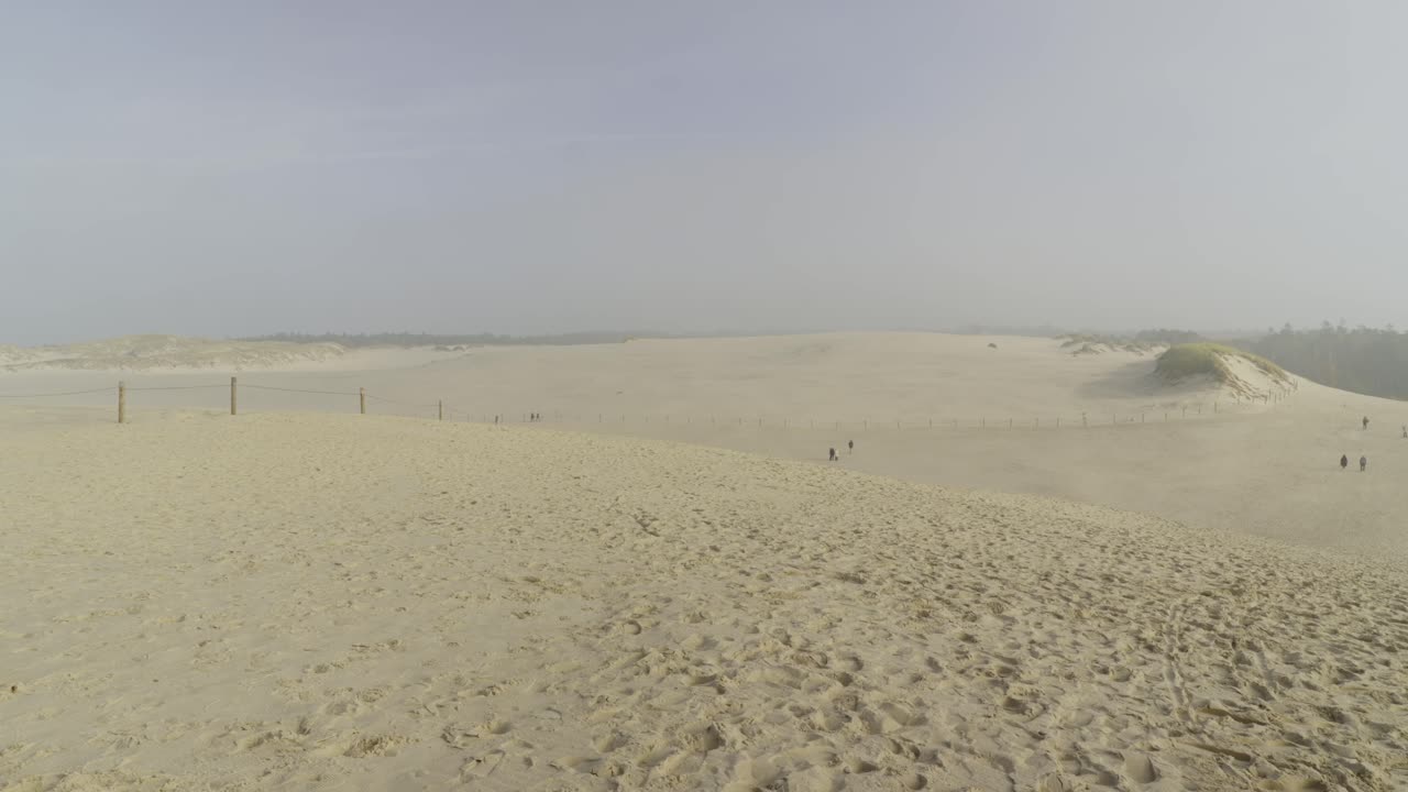 Groups of tourists on the dunes of the Polish desert in Slowinski National Park