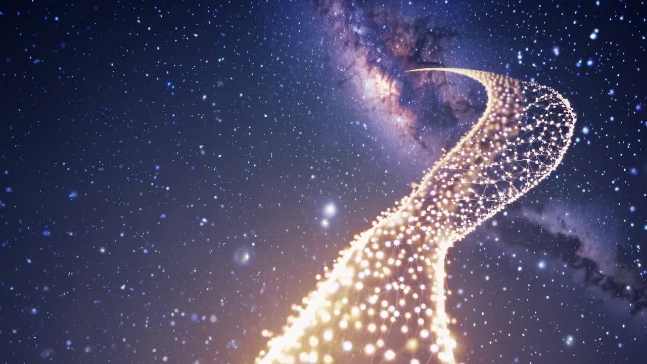 A mesmerizing video of a starry night sky with a glowing path of lights leading upwards