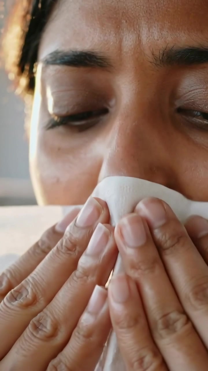 Video verticale: Donna a casa che tiene un fazzoletto al naso e alla bocca a causa di irritazione nasale.