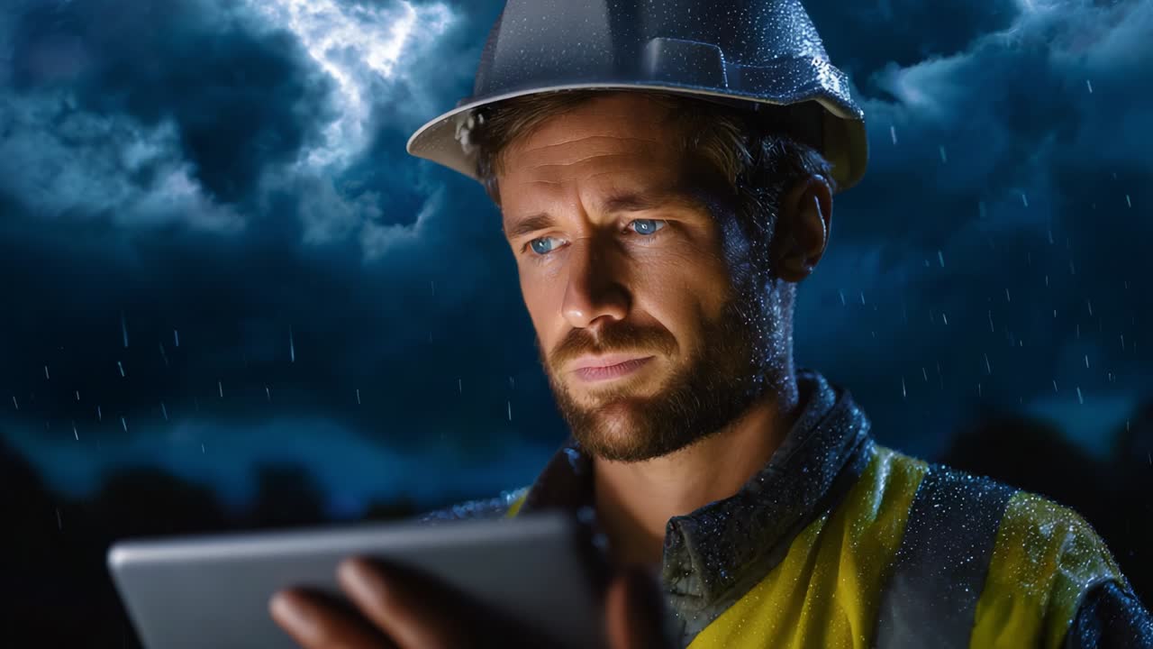 A focused construction worker in a yellow safety vest and hard hat intently reviews data on a tablet device amid a backdrop of dramatic stormy skies, showcasing a moment of concentration and responsibility