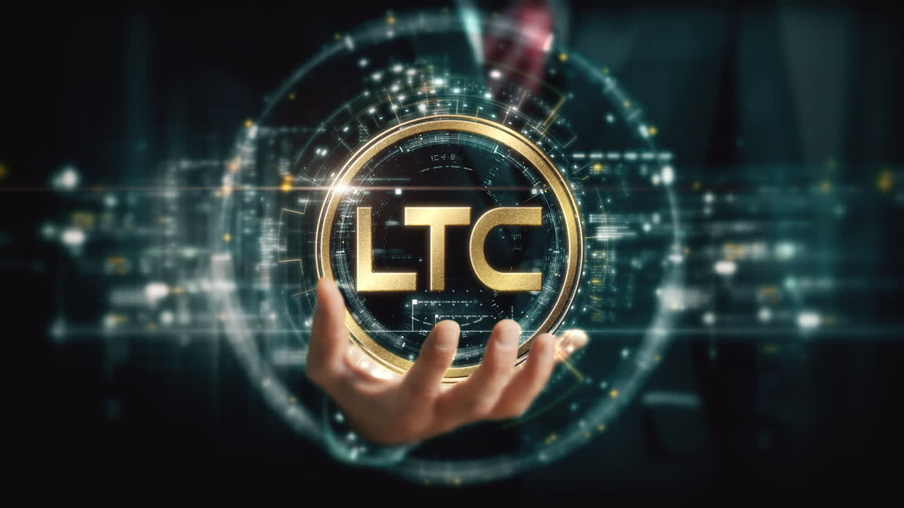 A visionary businessman extends his hand, unveiling a vibrant futuristic holographic display showcasing global crypto trading, business analytics, stock exchanges, and market trends : LTC