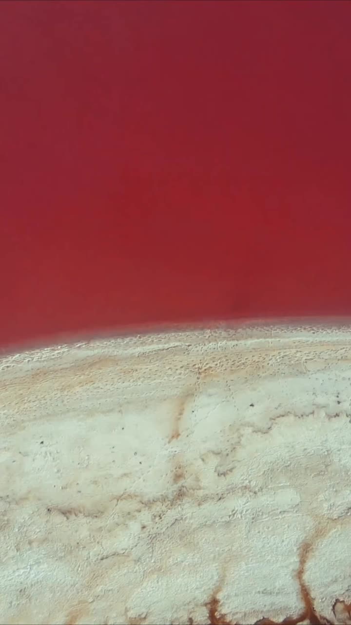 Aerial View of Vibrant Red Salt Lake and White Shoreline