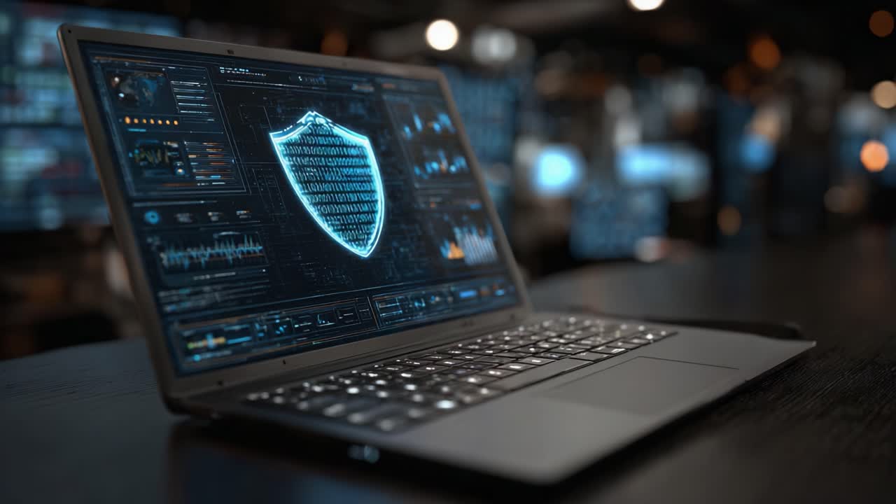 Advanced Cybersecurity Interface: Showcase of a Laptop Displaying a Modern Shield Graphic Emphasizing Data Protection and Digital Security Measures