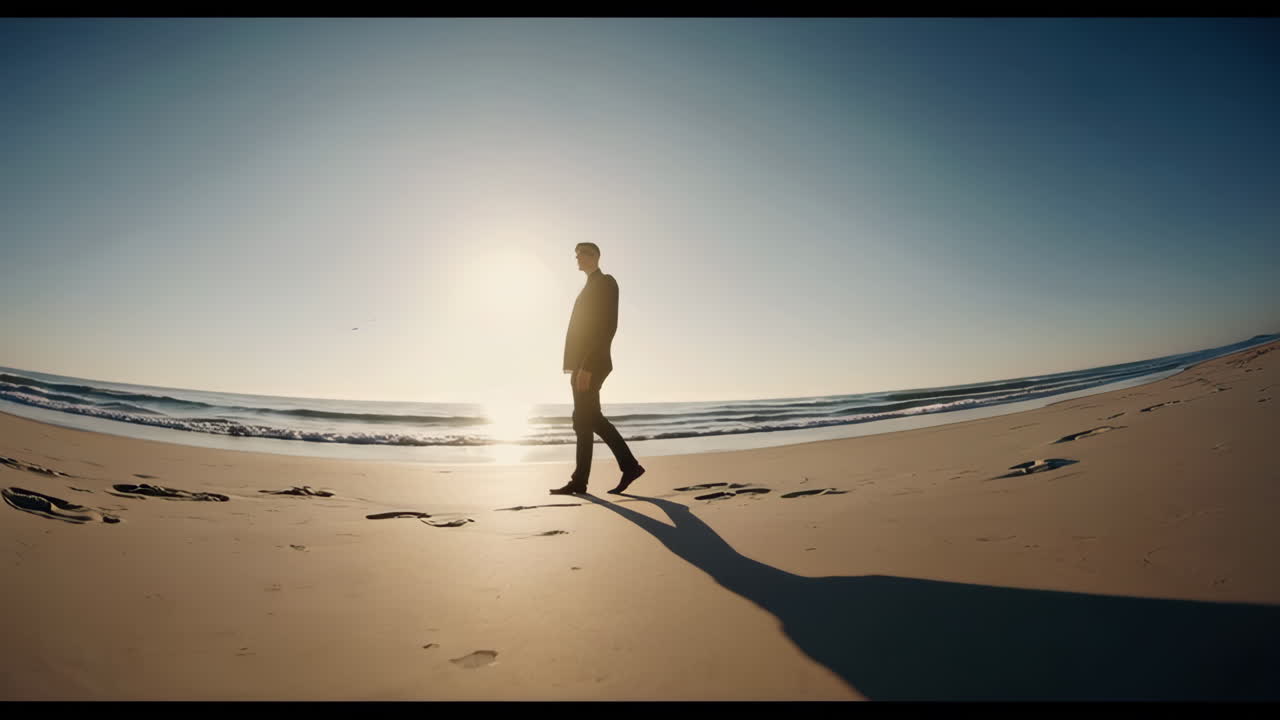 Businessman Walking on the Beach at Sunrise
