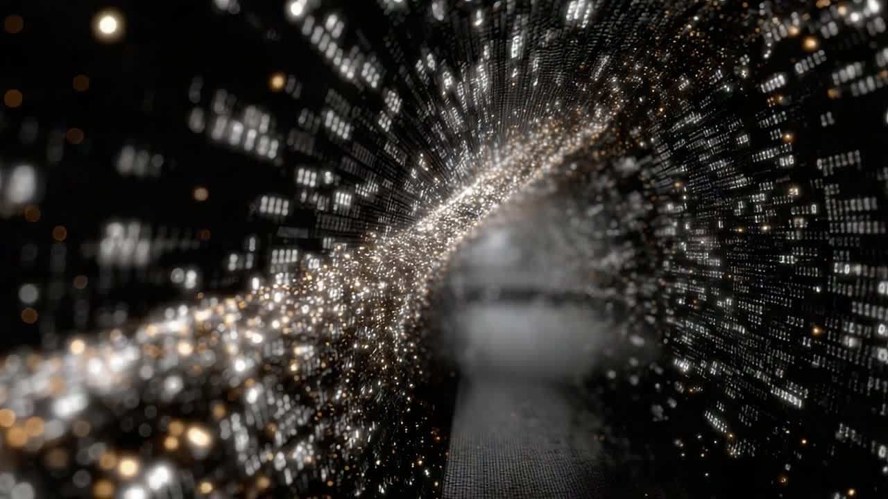 A mesmerizing tunnel of digital light and data, swirling through an intricate network of glowing particles and binary codes, creating an immersive visual experience