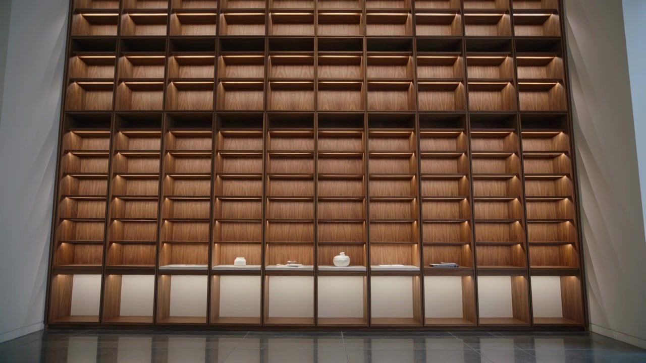 Tilting camera on shot start, revealing shelving in gallery with lit counter and 3 white vases