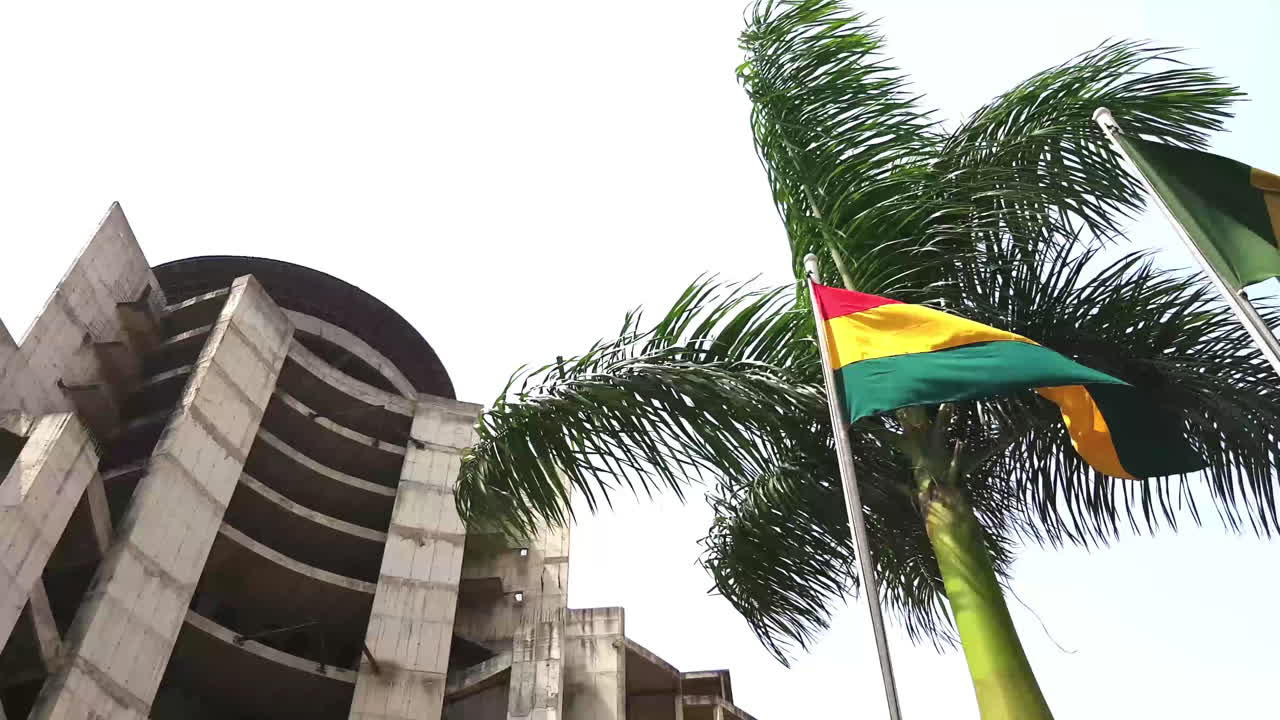 Flag of Ghana waving at wind with palm behind and building under construction on the left