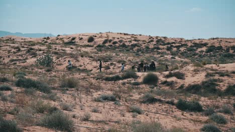 group of people exploring sand dunes in a desert