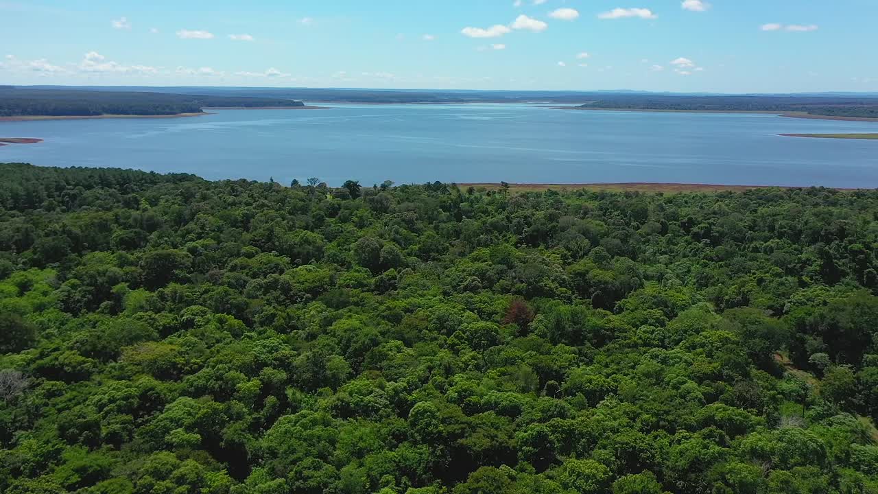 화창한 날 아르헨티나 미시오네스 중심부에 있는 무성한 열대우림과 큰 호수의 공중 드론 전망
