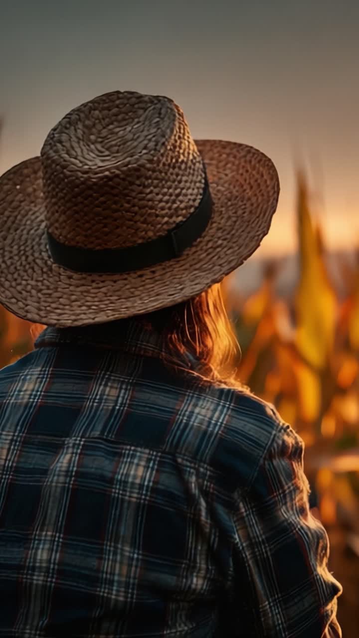 Una serata serena nei campi: catturare l'essenza della vita rurale mentre una figura con un cappello di paglia ammira un tramonto mozzafiato sui campi di mais.