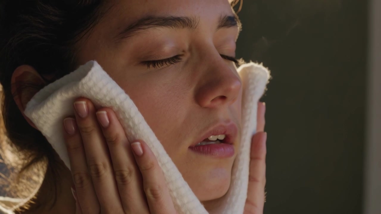 Donna adulta che porta un asciugamano bianco piegato, premendolo sulle guance in una spa, con il vapore che lenisce la pelle.