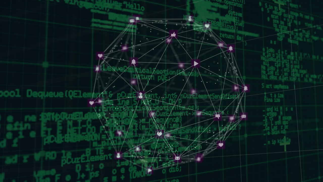 Animation of network of connections with icons over data processing on black background
