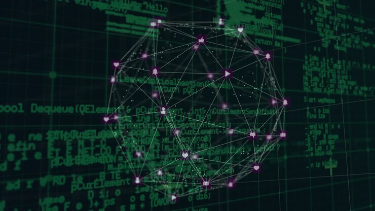 Animation of network of connections with icons over data processing on black background