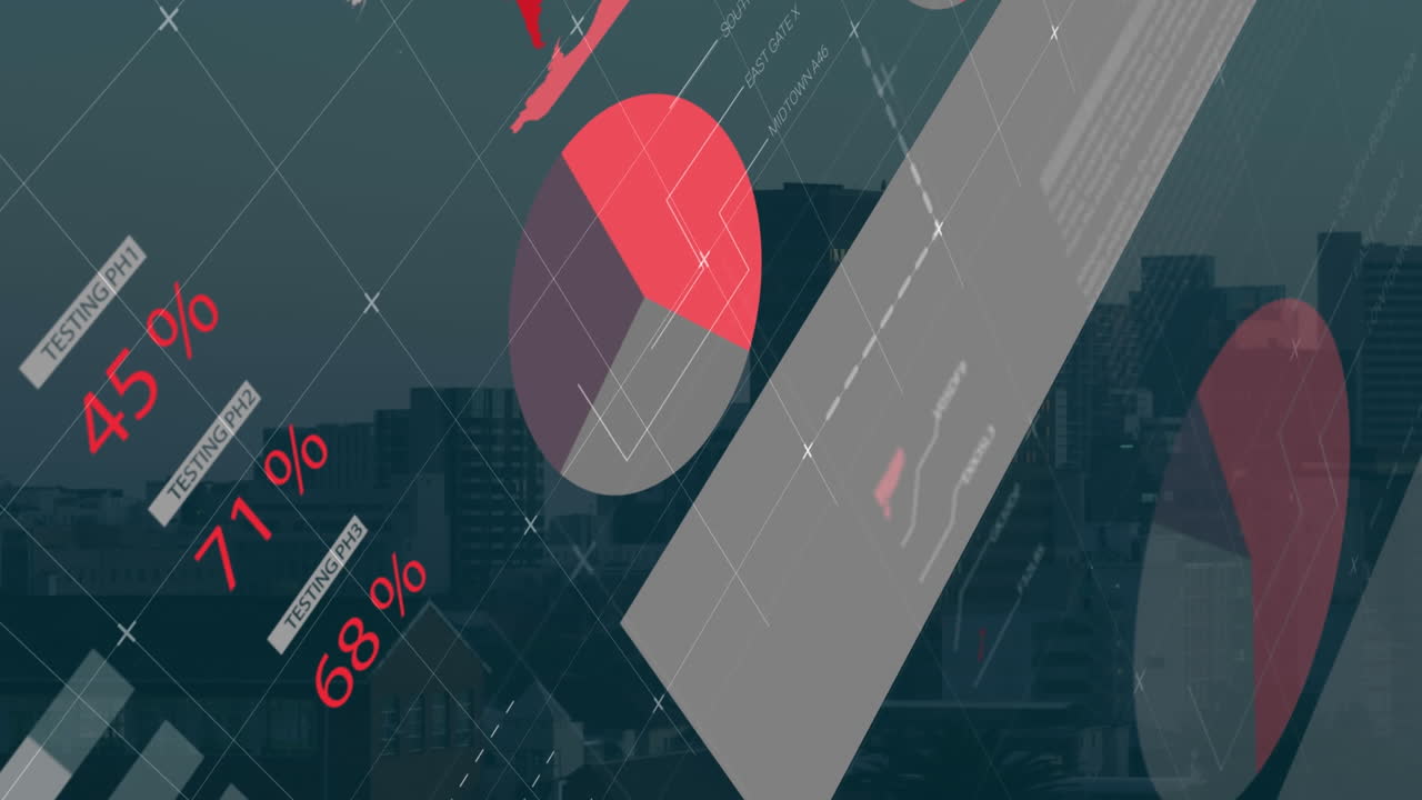 Animation of statistical data processing against aerial view of cityscape