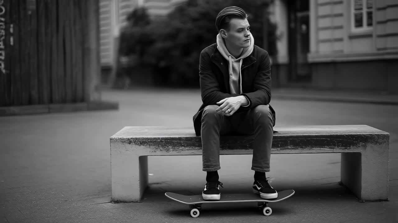 A young man sitting on a bench with his skateboard