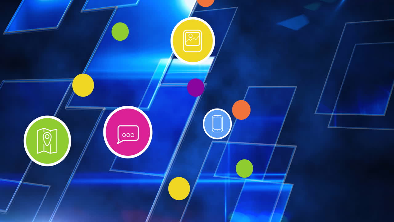 animación de iconos digitales sobre un fondo azul
