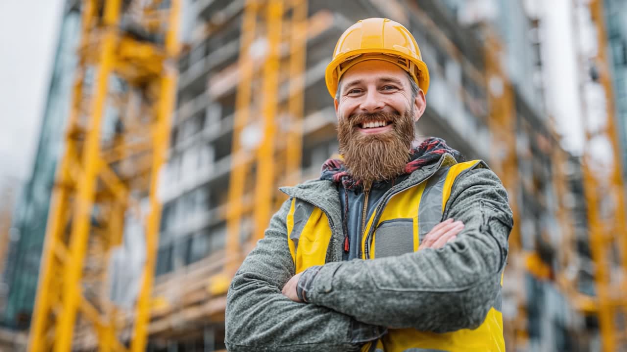 A Confident Construction Worker Smiling at the Job Site, Showcasing Safety Gear and Professionalism Against a Background of Active Building Progress