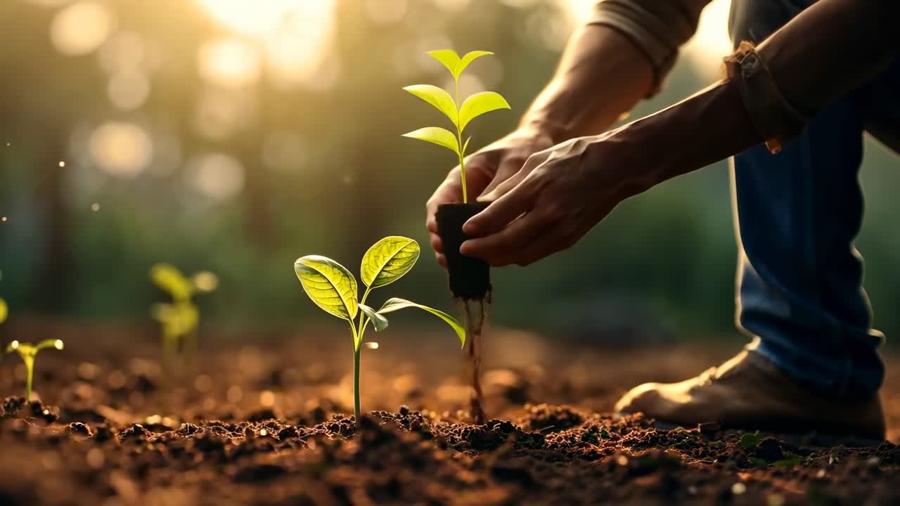 Close-up, low-angle shot of a small plant sprouting in soil, with sunlight in the background