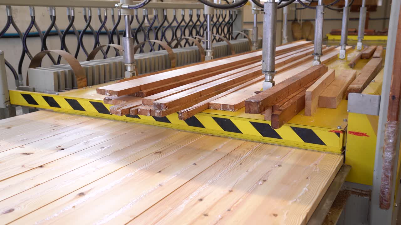 Wood planks on automated production line in woodworking facility