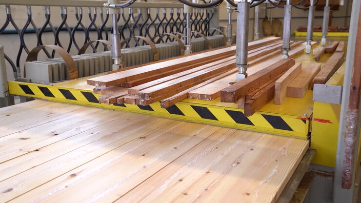 Assi di legno su linea di produzione automatizzata in uno stabilimento di lavorazione del legno.