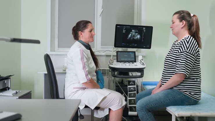 doctor seated facing patient sitting upright on clinical bed as scan result displays on ultrasound machine monitor and prints from device while both engage in discussion during post-exam consultation
