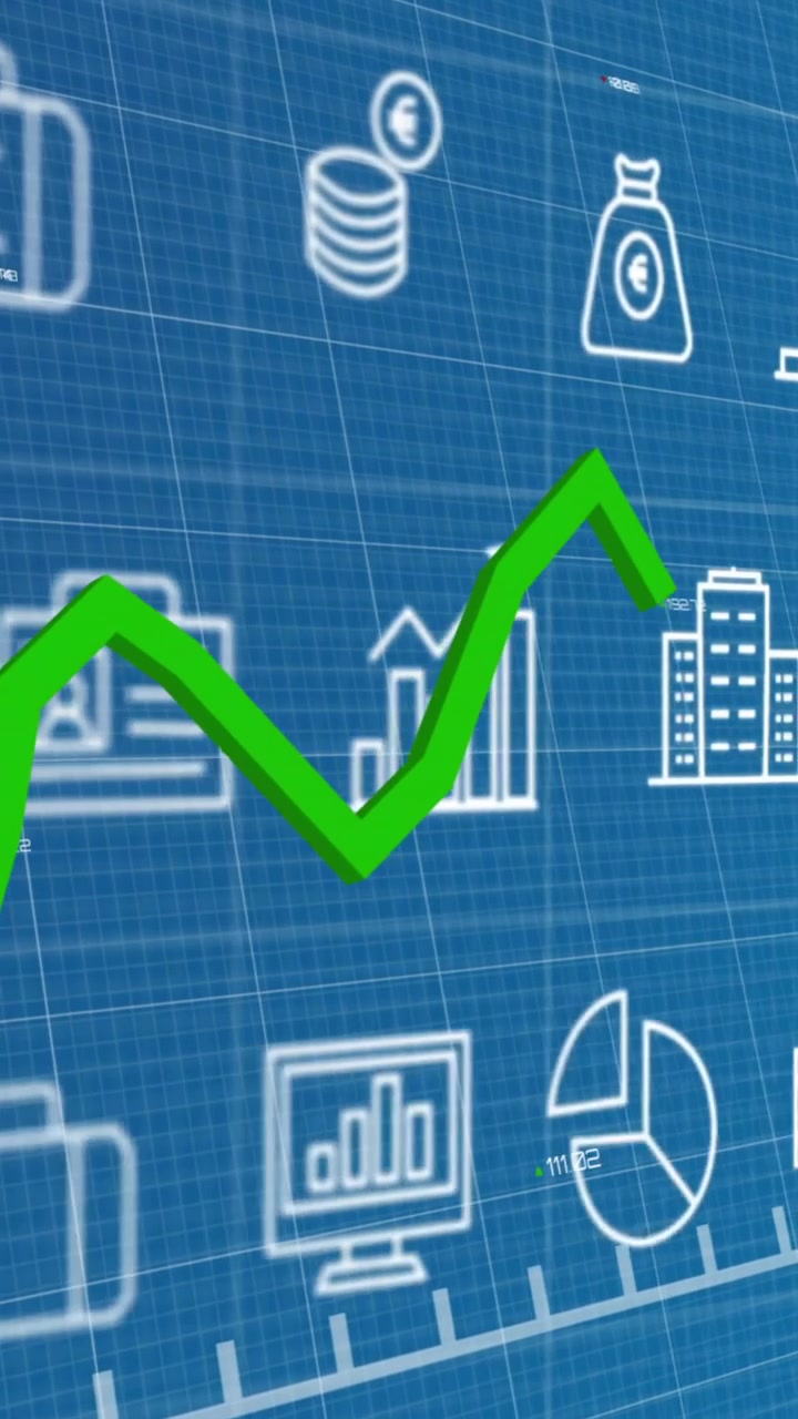 Animazione di un grafico a linee verde su icone finanziarie e aziendali su sfondo blu