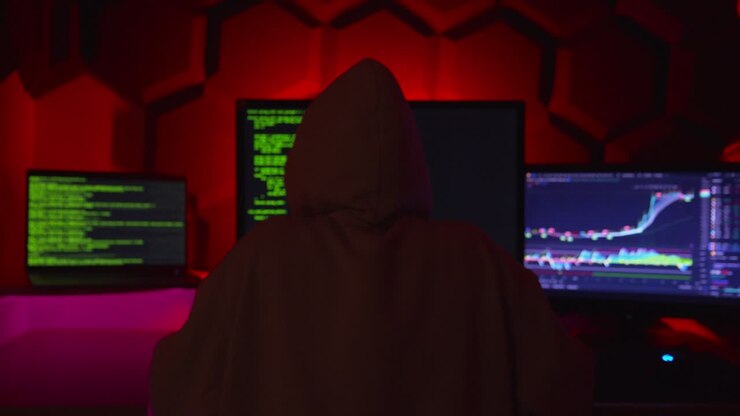 Hacker anonimo che scrive codice in una stanza rosso scuro.